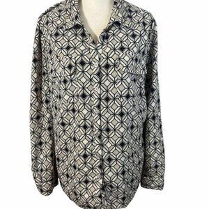 Women's Long sleeves, Button-Up, Retro-Geometric Design - LARGE